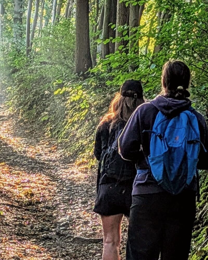 Twee wandelaars op een bospad in ochtendlicht.